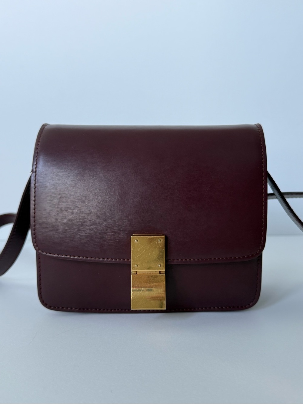 Celine Small Burgundy Leather Box Crossbody with Gold Hardware